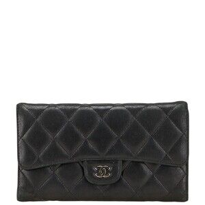 CHANEL Black Lambskin Leather Logo Wallet